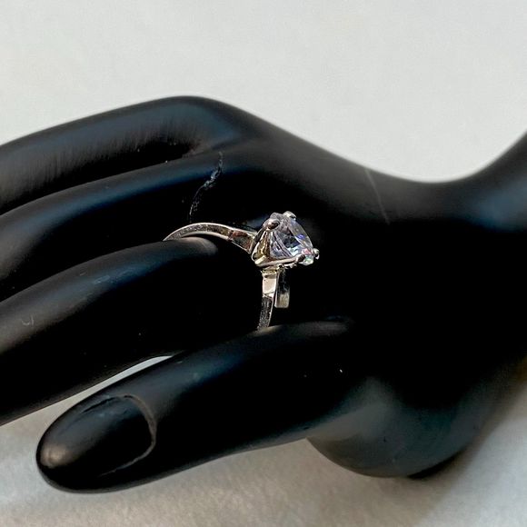 Classic Engagement Ring Faux Diamond Prong Setting Silver Tone - Picture 5 of 9